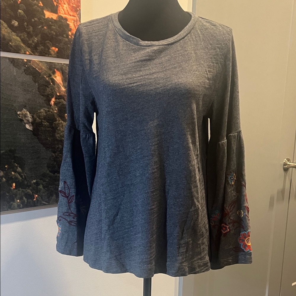 LOFT Charcoal Top with Colorful Embroidered Sleeves